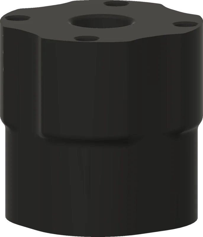CAD render of the shin-outer part, a squat cylindrical block with a flanged, bolt-holed top