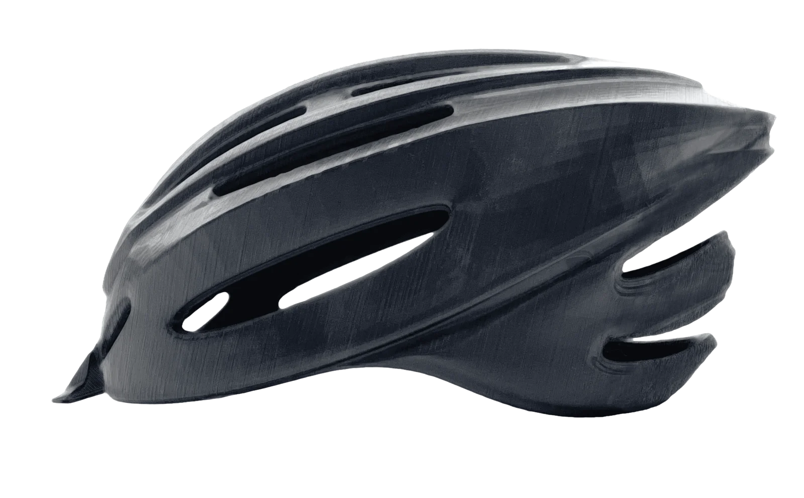 Side profile of a black 3D-printed bicycle helmet with multiple ventilation channels