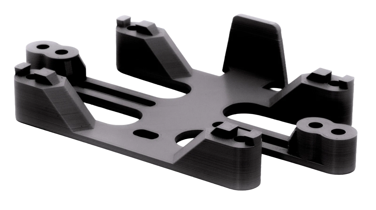 Black 3D-printed cross-shaped mounting plate with raised corner bosses and central holes