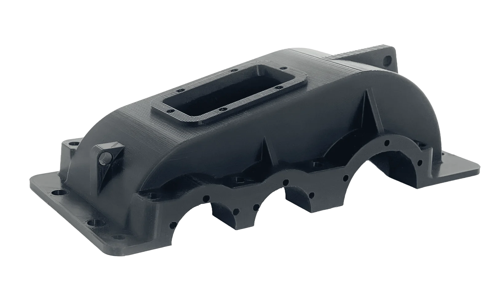 Black 3D-printed engine intake manifold with mounting flanges and runner openings