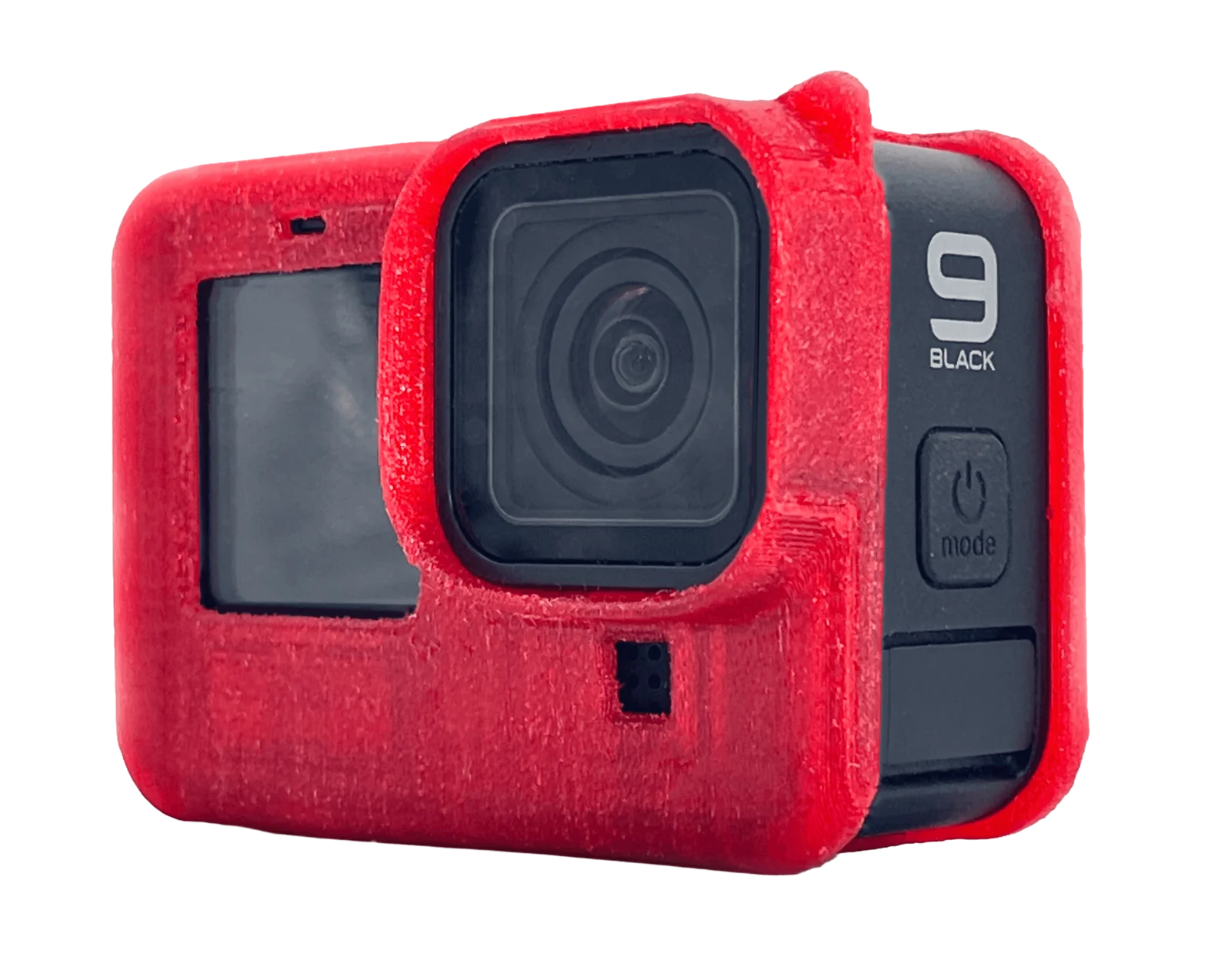 Red 3D-printed protective frame wrapped around a GoPro Hero 9 Black camera
