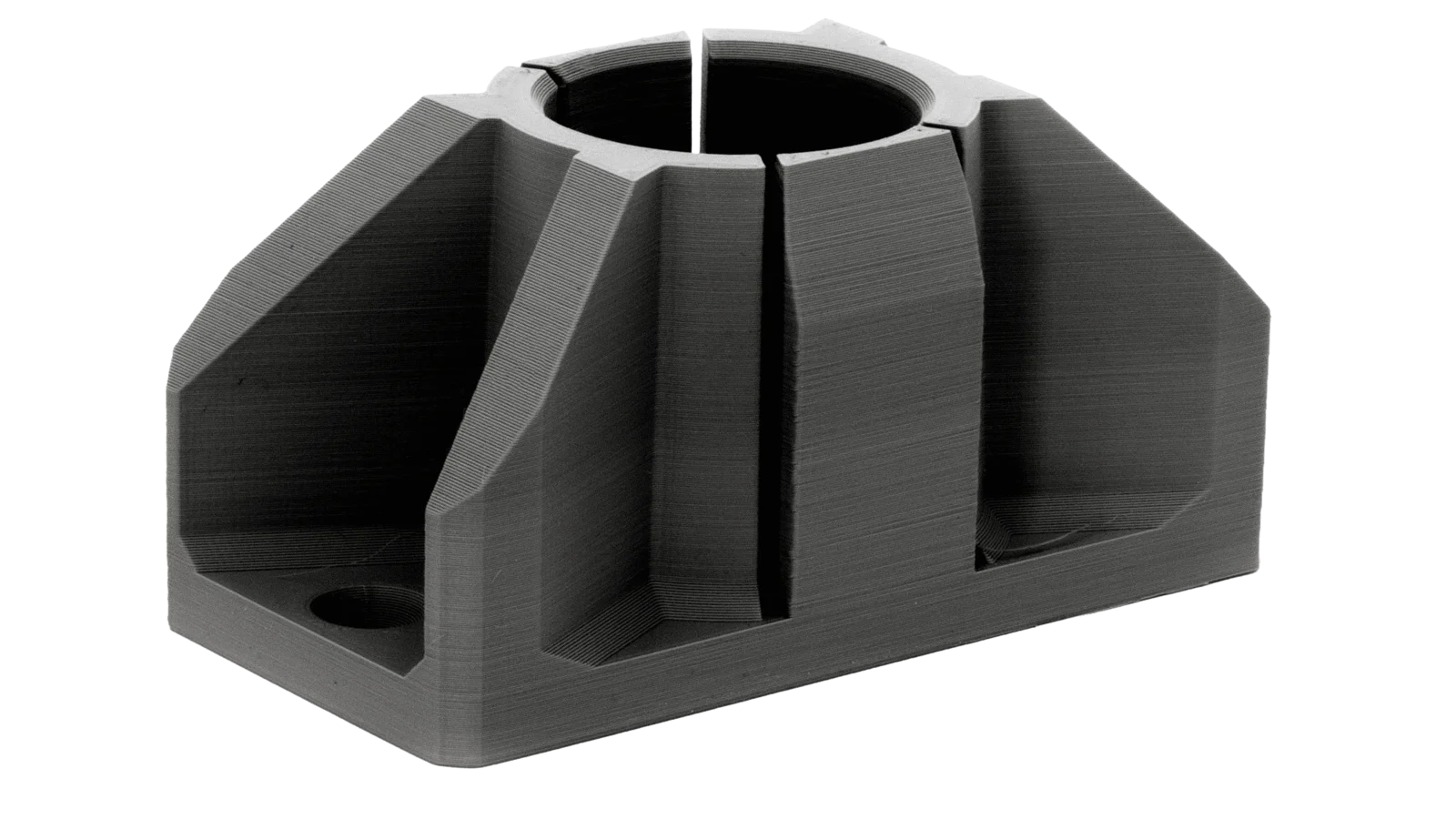 Dark grey 3D-printed motor mount or bearing housing with a slotted cylindrical bore and rib reinforcements