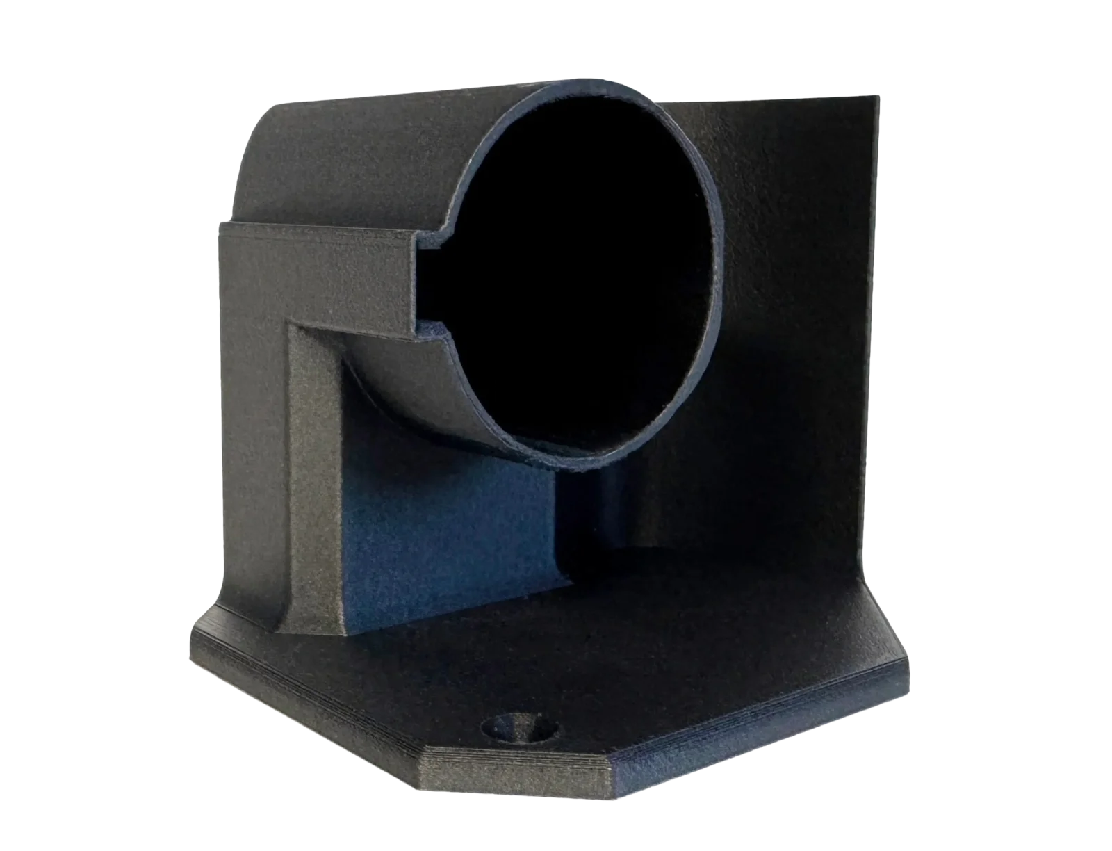 Black 3D-printed carbon-fiber nylon L-shaped mounting bracket with a large cylindrical bore through the upright face