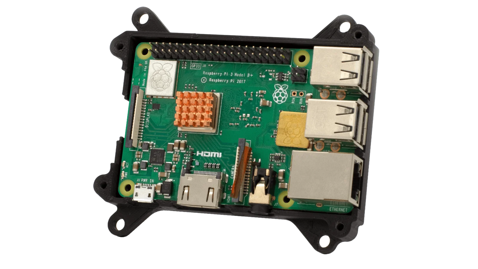 Raspberry Pi board mounted in a black 3D-printed open-frame case with corner mounting tabs
