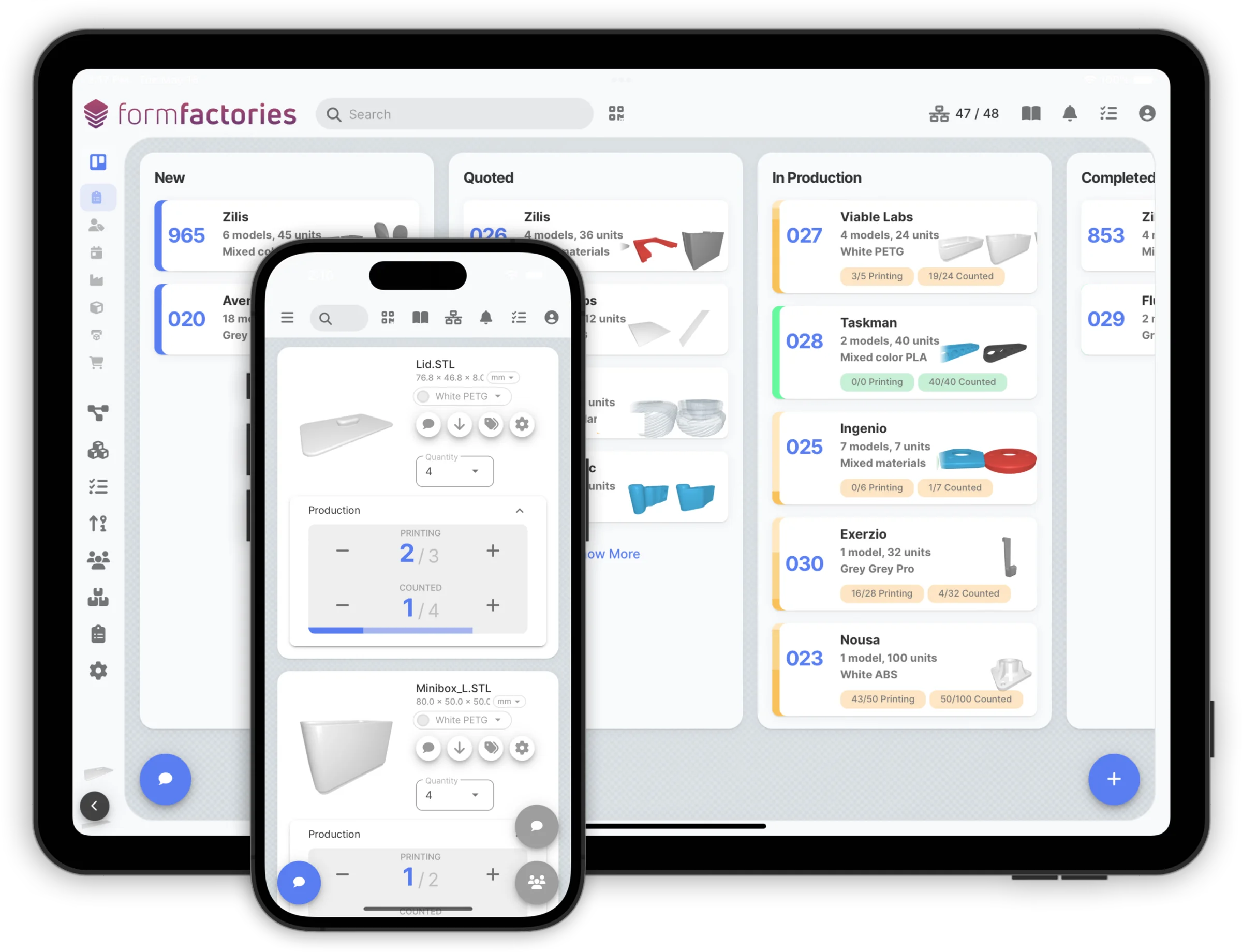 The Formfactories app on a tablet and a phone: a job board with New, Quoted, In Production and Completed columns, and a mobile part view showing printing and counted tallies