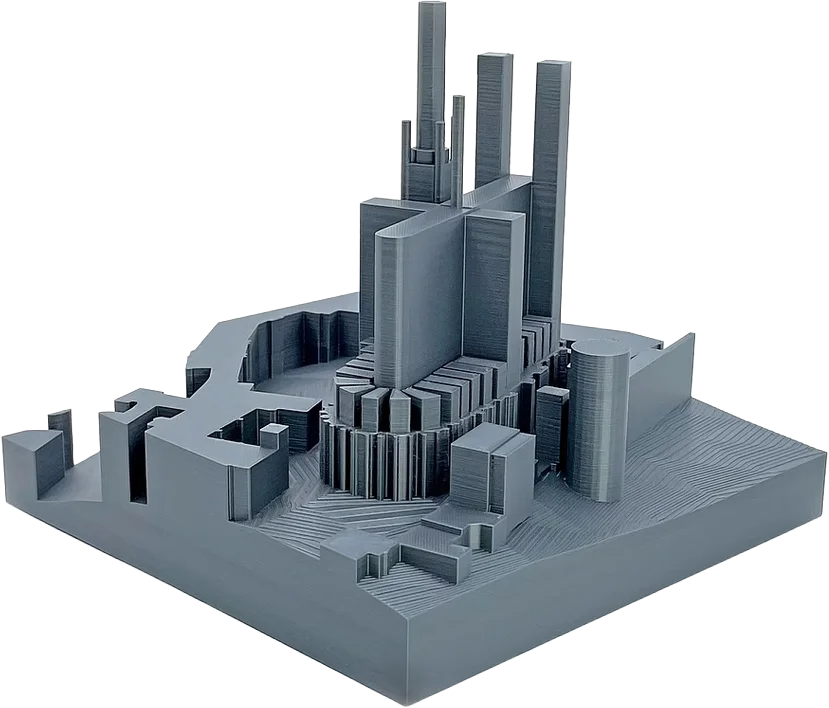 A 3D-printed grey massing model of a city block, with clustered towers of varying heights rising from a square terrain base