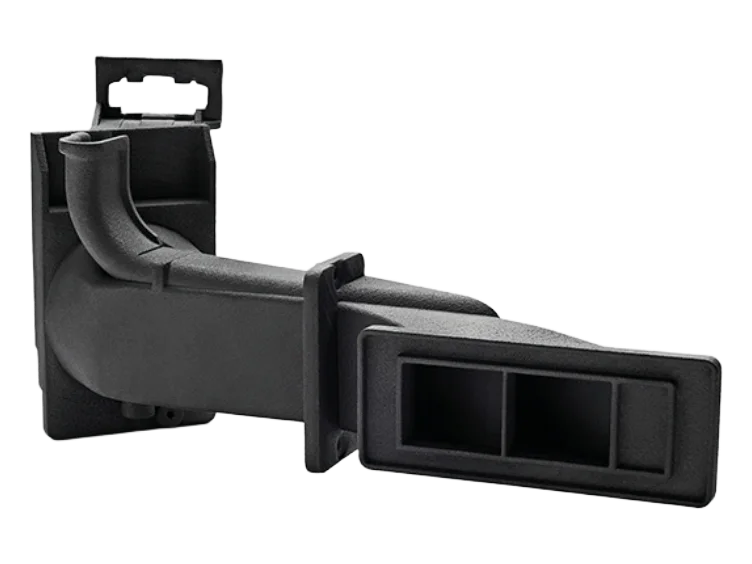 Black 3D-printed PA12 duct or air-handling housing with a curved intake elbow and rectangular vent outlets