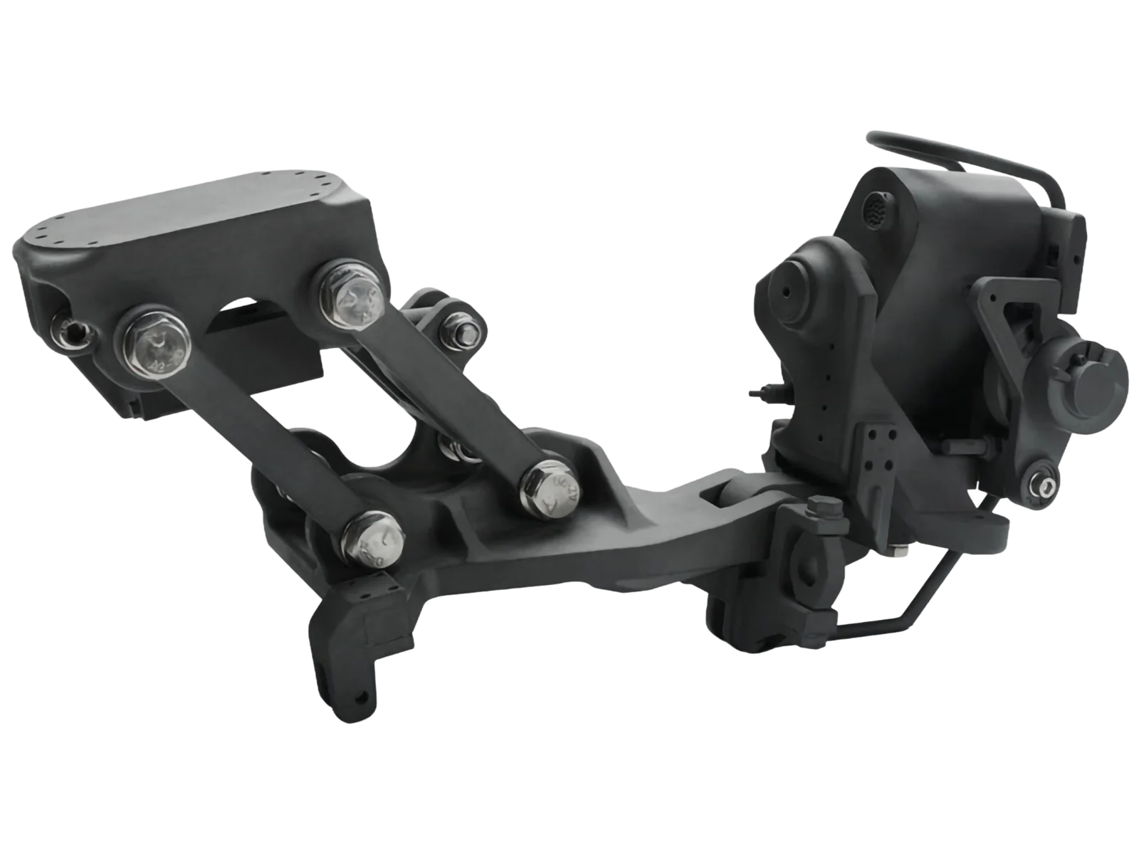 Black 3D-printed PA12 glass-bead articulating mount assembly with pivoting arms, brackets, and fastener hardware
