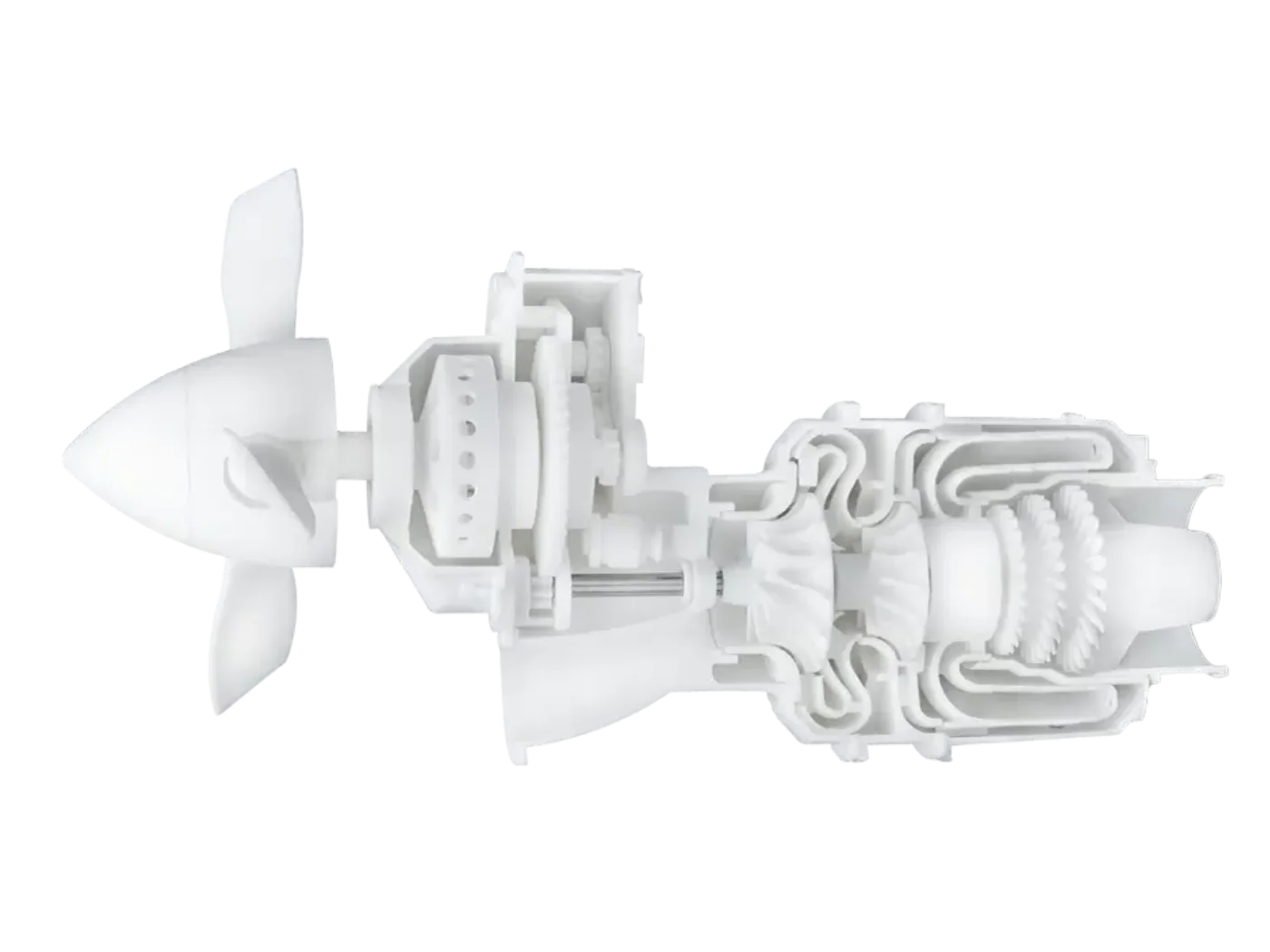 White 3D-printed turboprop engine cutaway model in Rigid engineering resin, with propeller, gearbox, compressor, and turbine detail