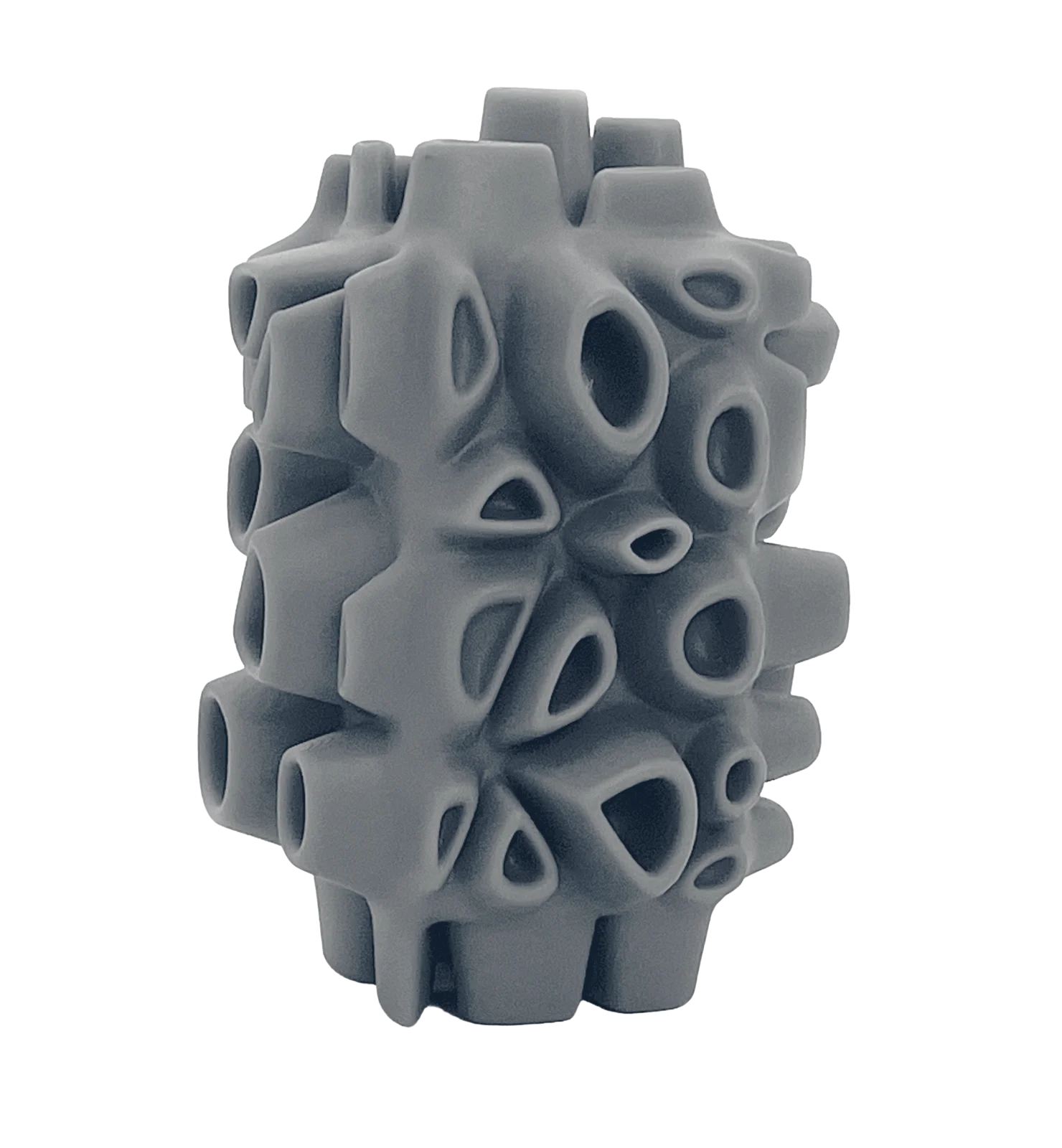 Grey 3D-printed cylindrical vessel covered in an organic Voronoi cell pattern with open cells throughout